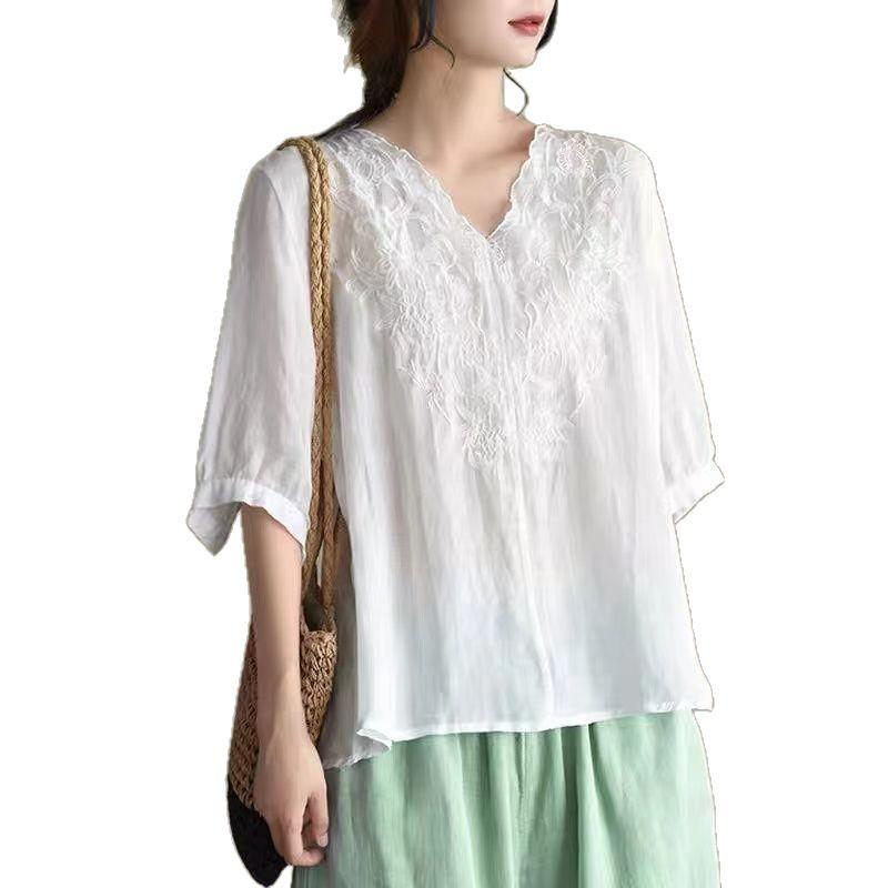 Spring and Summer Large Size Loose Temperament Casual and Artistic Retro Cotton Linen V-neck Mid-sleeved Embroidered Top