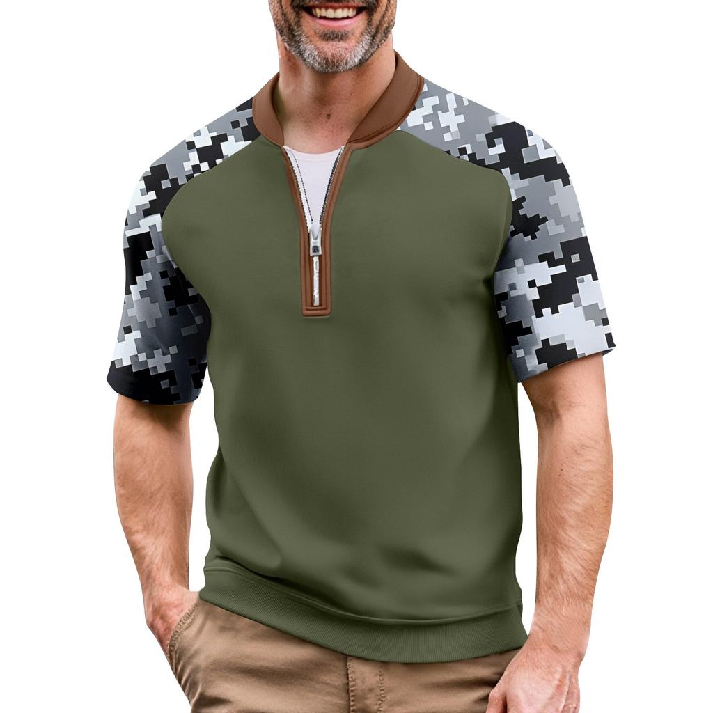 Мужская летняя футболка камуфляжной расцветки в стиле кэжуал, спортивный дышащий топ с воротником на молнии