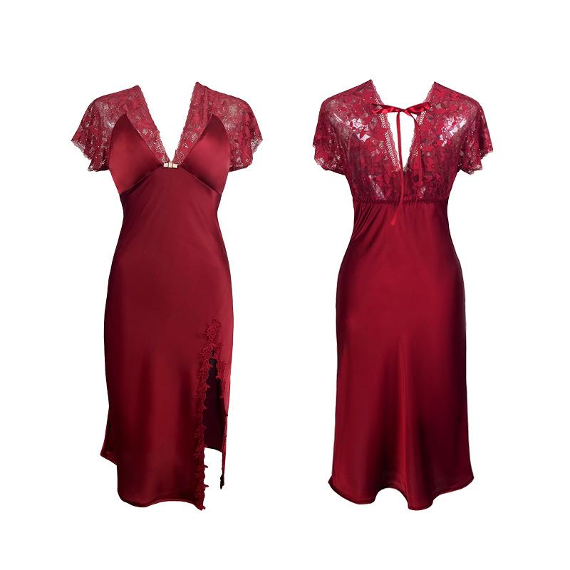 Сексуальная ночная рубашка из ледяного шелка с высоким разрезом, с открытой спиной, кружевные вставки, облегающий крой, пижама-камисоль, женское длинное платье 447, смелое, манящее, приятное для кожи