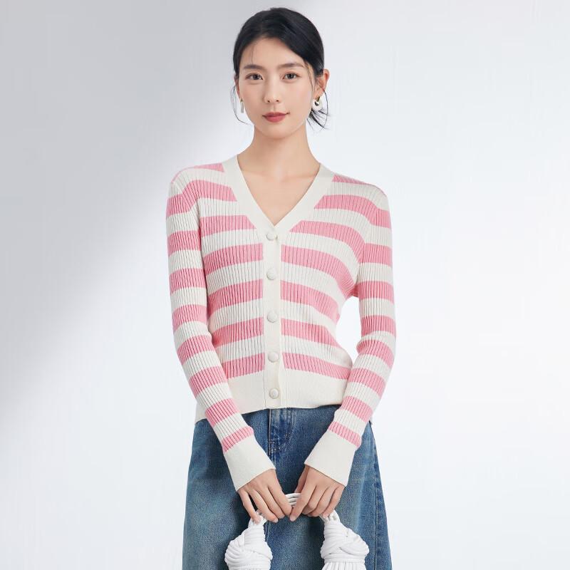 JOY SPEAKER Women's V-Neck Striped Long Sleeve Knit Sweater