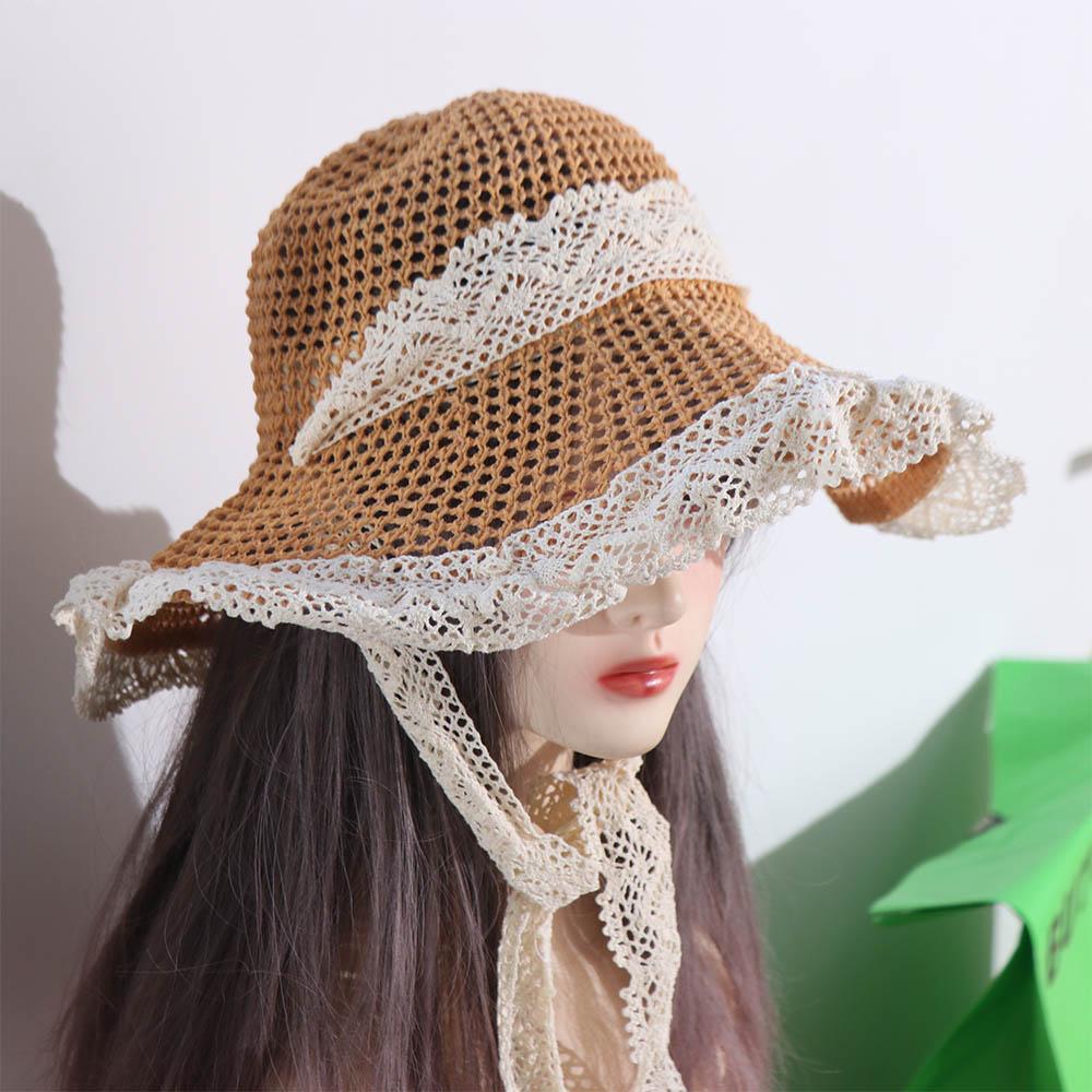 Пасторальный стиль Шляпа от солнца с широкими полями Кружевная кепка с защитой от УФ-лучей Складная женская соломенная шляпа Женская
