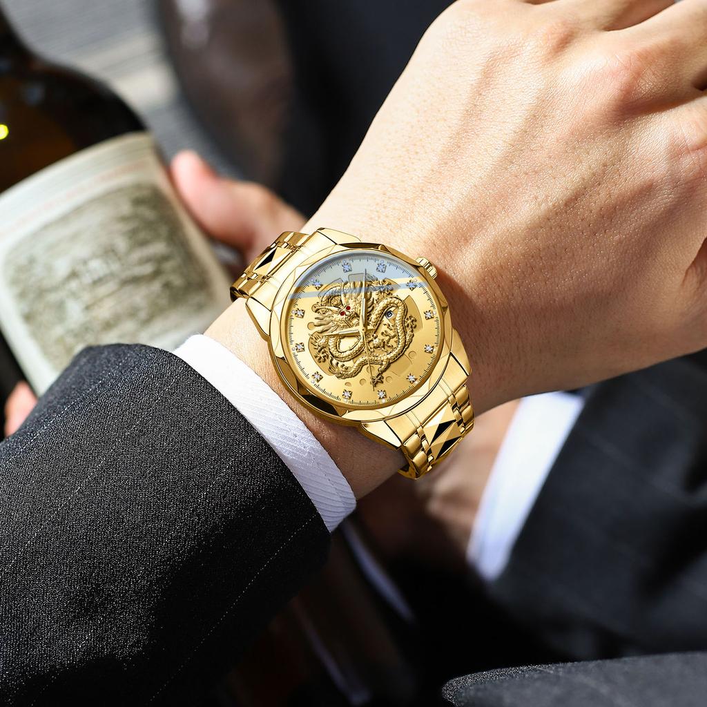 CEHNXI Men's Watch 3D Embossed Dragon Pattern Fashion Business Waterproof Quartz Movement Luminous Round Watches For Male Gold