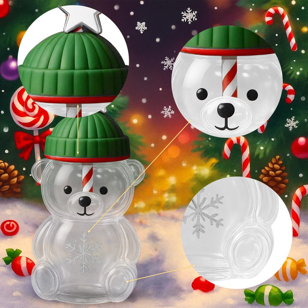 Кружка с соломинкой из стекла в форме медведя: Милый прозрачный дизайн, зеленая шляпа, стакан для воды