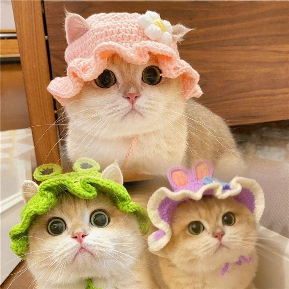 Winter 2023 Warm Elastic Crochet Cat Hat Frog Hat Pet Cap for Party Photo Props