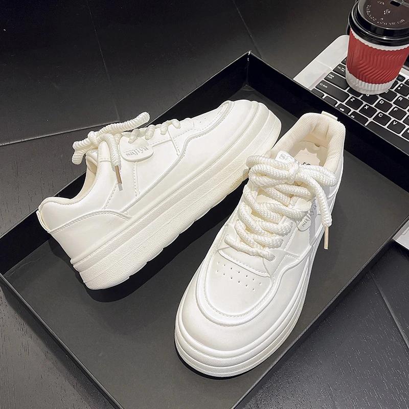 Женские туфли с толстой подошвой, универсальные, студенческие, молочные, фуфу, маленькие, белые, новые, весенние, эстетичные, повседневные, на каблуке