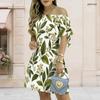 Women Plus Size Off Shoulder Short Sleeve Tie Cuff A Line White Green Floral Leaf Printed Dress