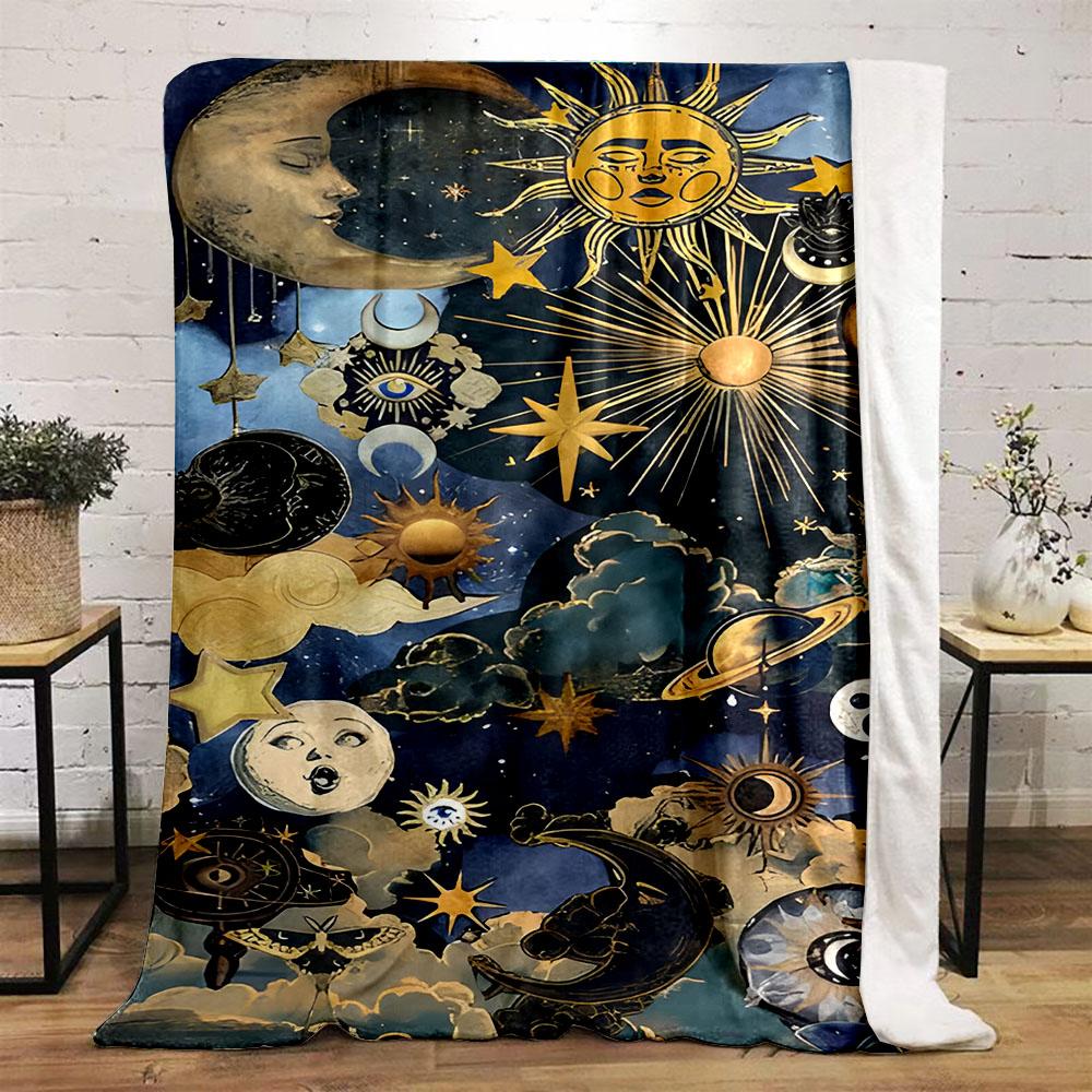 Celestial Sun, Moon, and Stars Design Patterned flannel blanket perfect for the bedroom living room, sofa, or a little nap
