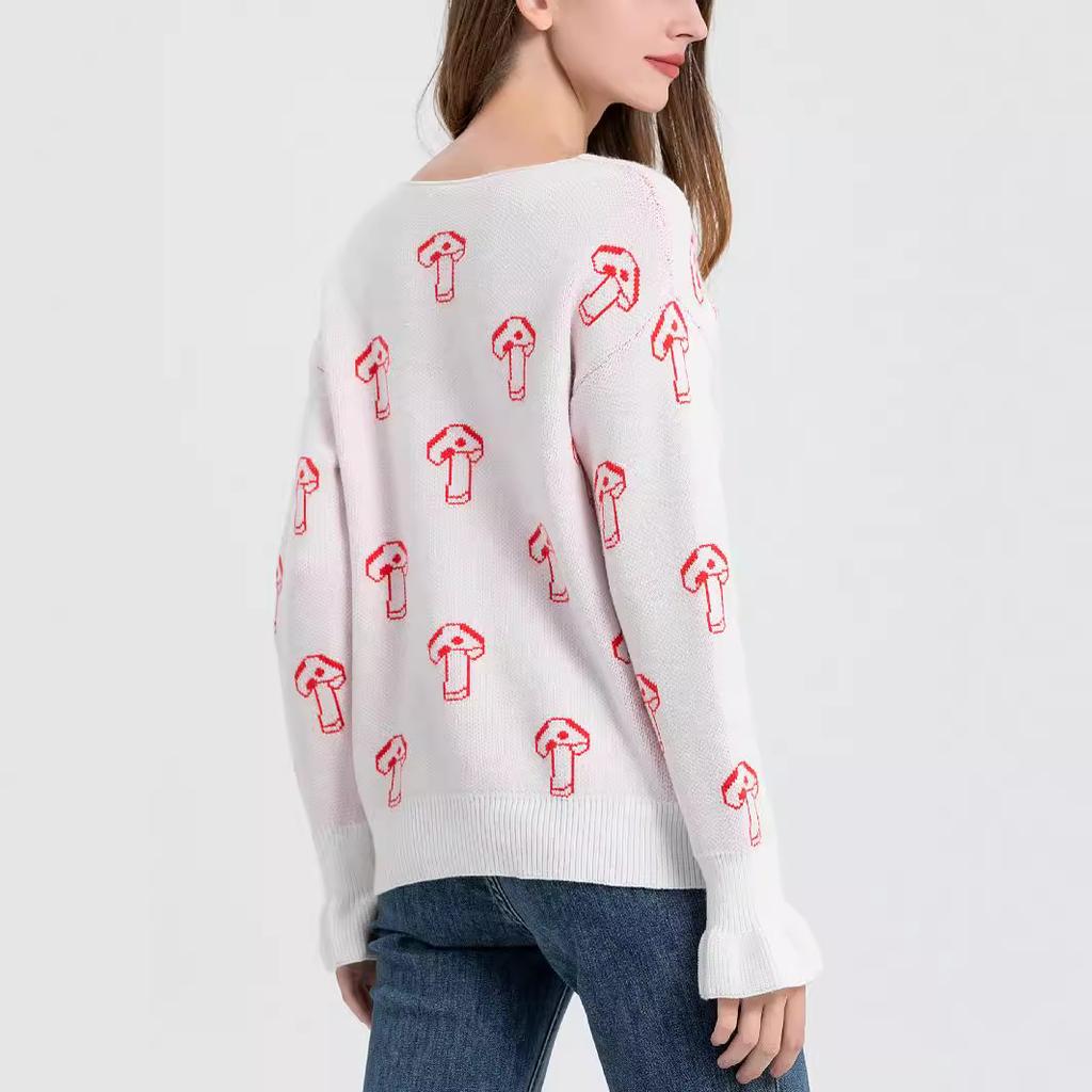 Inner Knitted Soft Gentle Wind Sweater Female V-neck Pullover Mushroom Pattern Small Perfume Loose Tops for Women