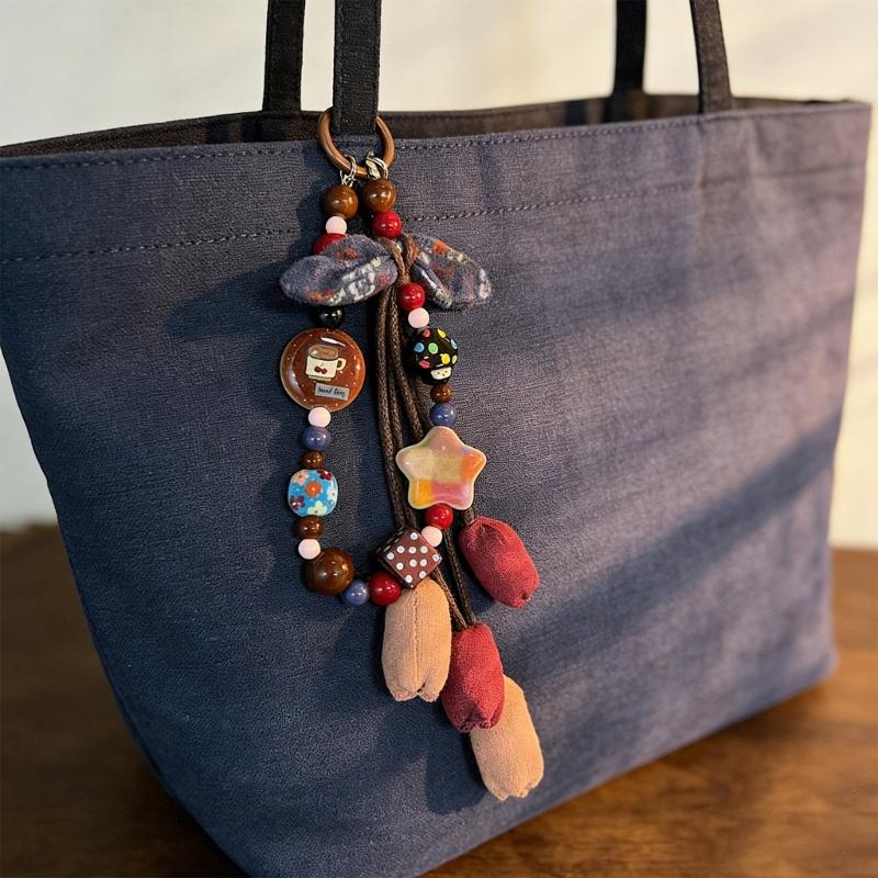 Stylish Hand Painted Ombres Star Fabric Flower Keychain Sturdy PVC Cord Unisex Keyring Bag Accessories