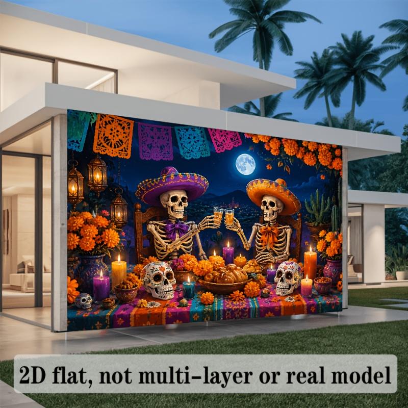 2D plane. Theme background fabric for the Mexican Day of the Dead festival. Painted goblet skull.zyc