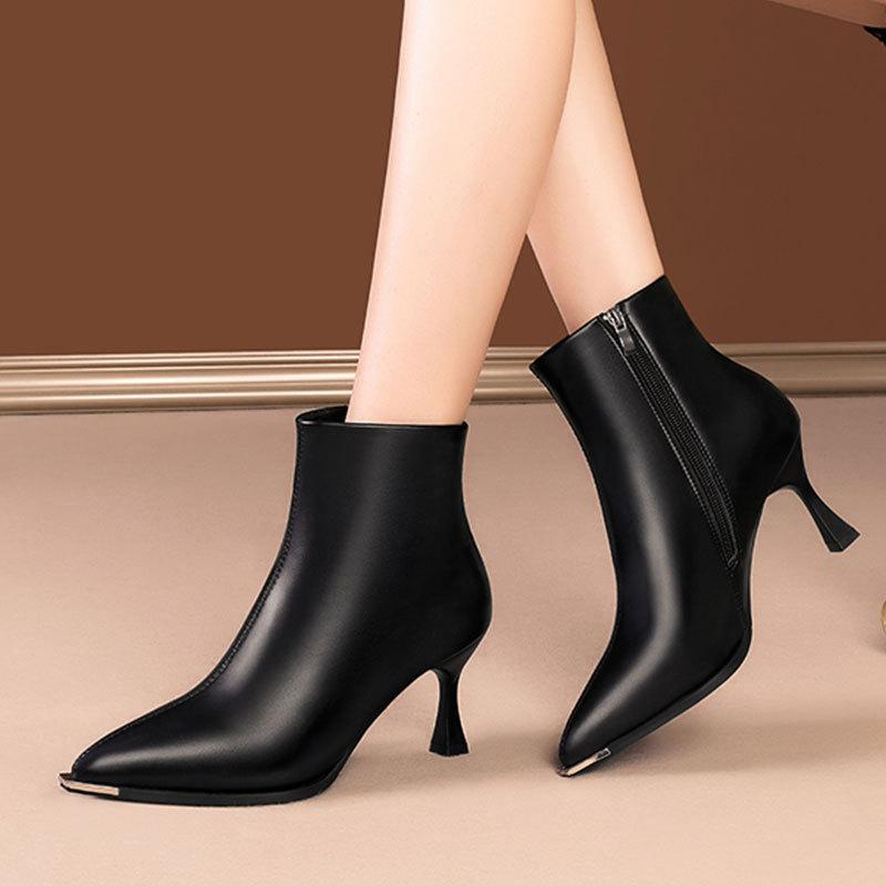 French Ankle Boots Feminine Temperament Pointed High-heel Short Boots 2024 Winter New Fashion Slim Heel Zipper Commuting Boots