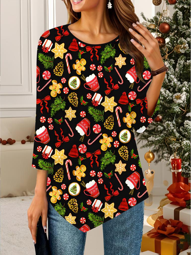 Женская свободная футболка с круглым вырезом и рукавом три четверти с 3D рождественским узором. Идеальный подарок на Хэллоуин и Рождество.