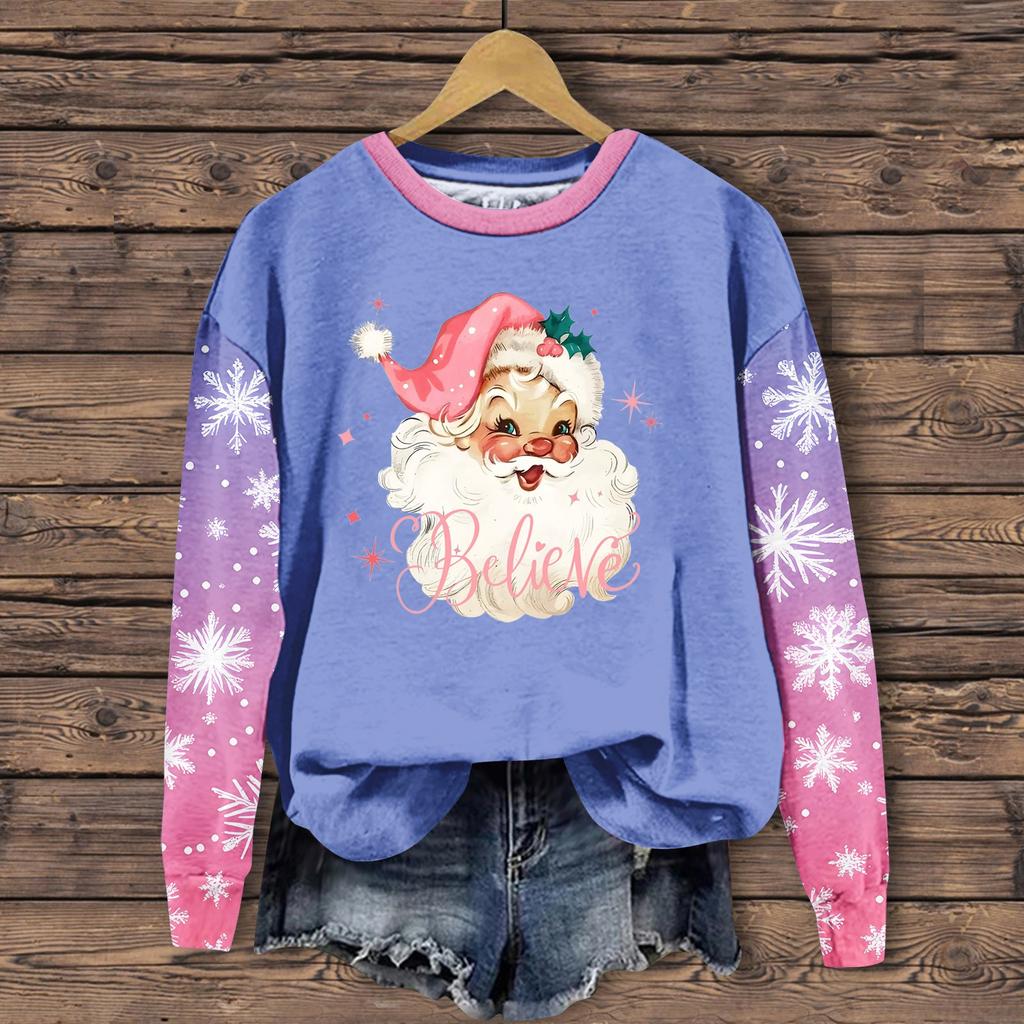 Женская мода повседневная толстовка с длинным рукавом и принтом Санта-Клауса с круглым вырезом