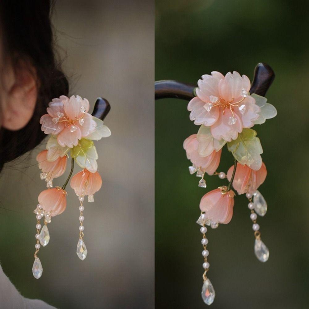 Flower Wooden Hair Stick Tassel Hanfu Hairpin Cute for Women