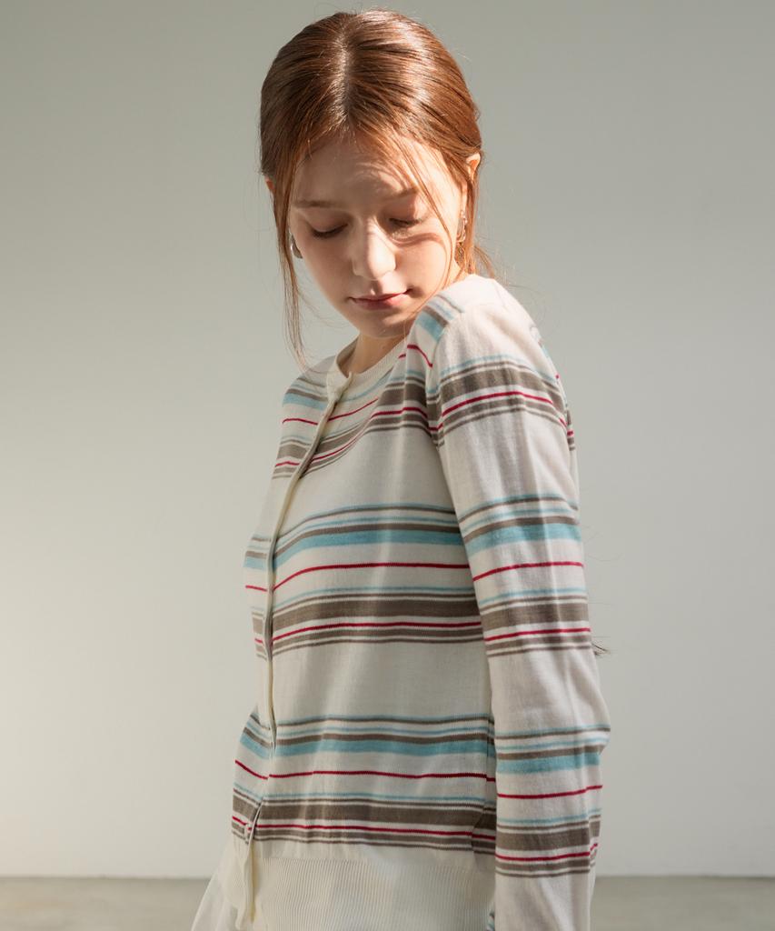 VLETI Slim Stripe Featherlight Button Cardigan (Ivory)