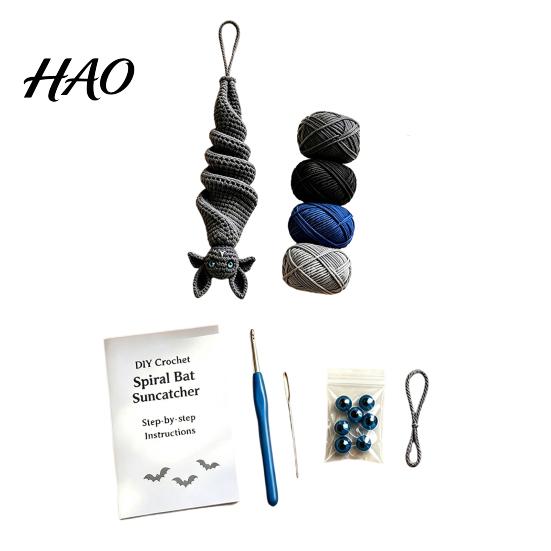 Beginner Friendly Crochet Tools Bat Wind Spinner DIY Kit, Halloween Knitted Spiral Hanging Decoration Knitting Kits for Beginners with Yarn And Hook,