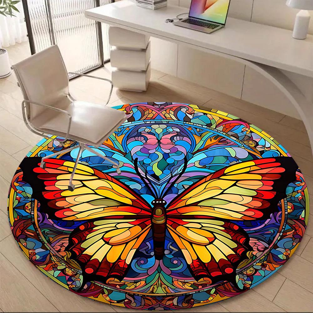 1PCButterfly StainedGlass Office Round Area Rug, Mat Suitable For Office, Under Office Chairs Bedroom Living Room Home Decor, Room Deco