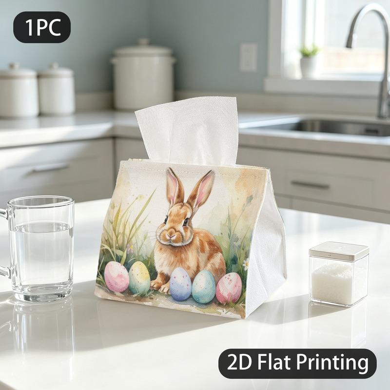 1pc Tissue Box, Watercolor Easter Rabbit Spring Cheer Pattern, 2D Flat Printing, Crafted with Strong Polyester, Take Anywhere, Napkin Box, for The Din
