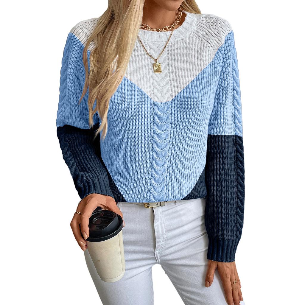Women's Fashion Casual Round Neck Long Sleeve Comfortable Contrast Color Cable Knit Women's Pullover Loose Sweater