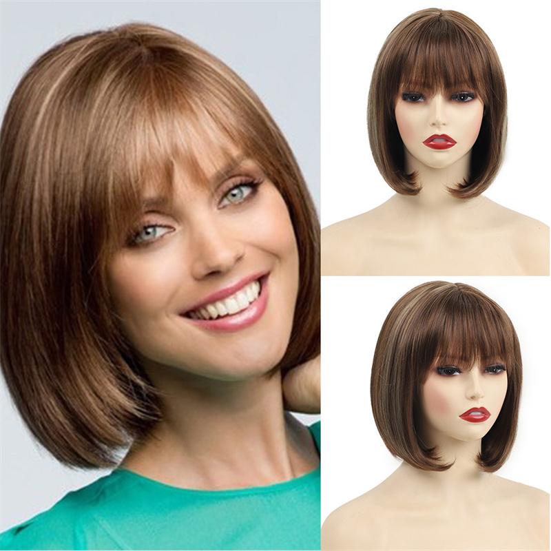 Synthetic Mix Brown Bob Wig Short Wig for Women Natural Style Soft Hair with Bangs Cosplay Halloween Party Heat Resistant Fiber