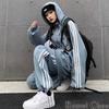 RomelCheo Striped Jersey Long Top and Bottom Hooded Loose Side Stripe Stylish and Street Harajuku Blue Letter Casual Black Set, Sleeve, Set, Jersey,