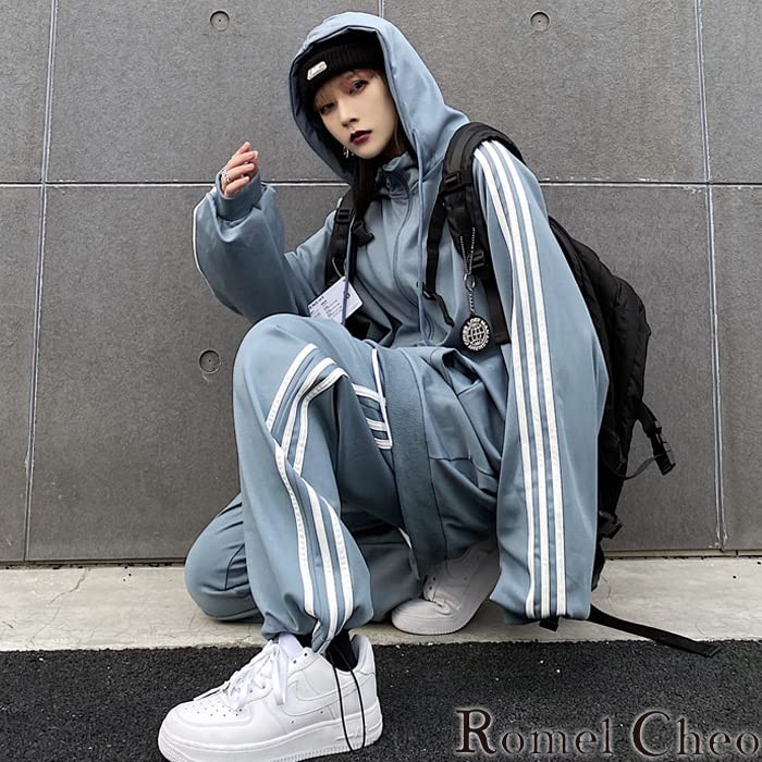 RomelCheo Striped Jersey Long Top and Bottom Hooded Loose Side Stripe Stylish and Street Harajuku Blue Letter Casual Black Set, Sleeve, Set, Jersey,