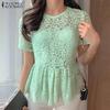 Women Casual Round Neck Short Sleeve Patchwork Lace Blouse