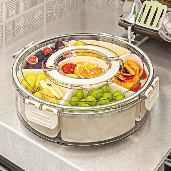 Fruit Plate Snack Spinner Divided Serving Tray with Lid Handle Food Platter for Charcuterie Veggie Travel Picnic Snack Organizer