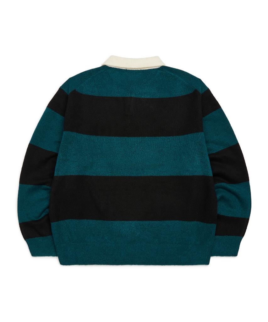 MARK GONZALES Angel Wappen Striped Polo Knit - D/Green