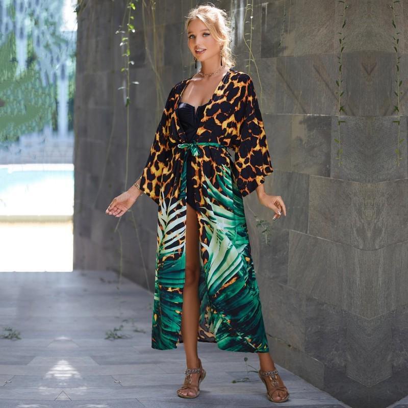 EDOLYNSA Зеленый купальник с леопардовым принтом, накидка в винтажную полоску с поясом, женское летнее длинное платье-кимоно, пляжное бикини, накидка Q1521