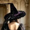 Decorative Halloween Hat Witch for Women, Large Black Velvet Wizard with Festive Holiday Headwear Mesh Ruffle Brim Adults Costume, Cosplay Party
