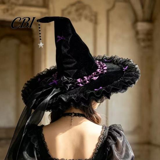 Decorative Halloween Hat Witch for Women, Large Black Velvet Wizard with Festive Holiday Headwear Mesh Ruffle Brim Adults Costume, Cosplay Party