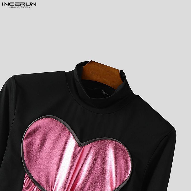 INCERUN Мужские топы и футболки с высоким воротником, длинным рукавом, бандажным дизайном, ПУ-вставками, в стиле кэжуал, укороченные