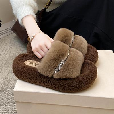 Сладкие и милые ветровые толстоподошвенные аксессуары с цепочкой из страз тапочки Мао Мао женские 2025 осень и зима новые универсальные легкие роскошные хлопковые швабры