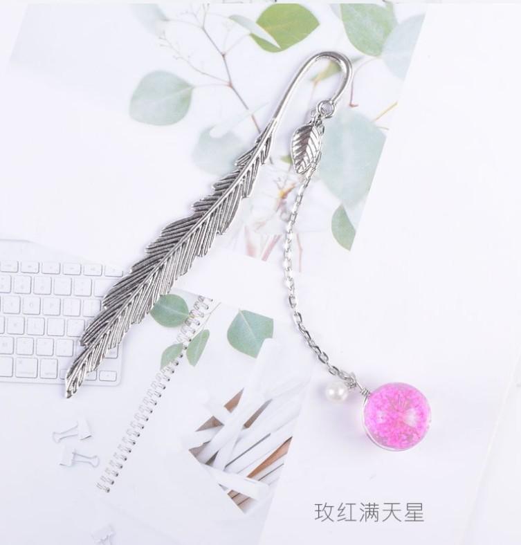 Alloy Feather Bookmark Dried Flowers Pendant Book Marker Teacher Gift Student Stationery School Office Supply Escolar Papelaria
