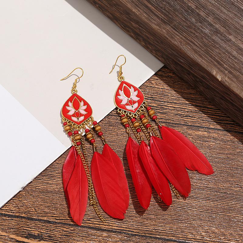 Bohemian Feather Long Earrings Personalized Chain Fringed Ear Hook Red Earrings