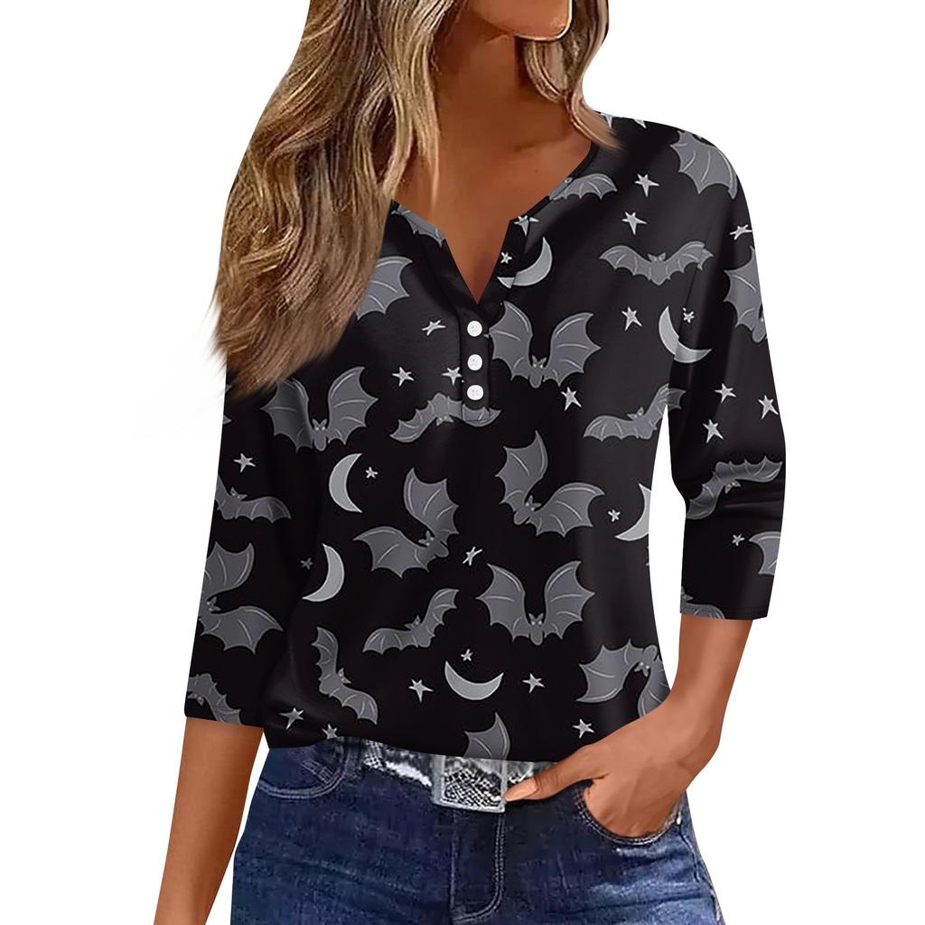 Женские топы с рукавом 3/4 с цветочным принтом на Хэллоуин, винтажные модные повседневные свободные рубашки с v-образным вырезом, рубашки больших размеров