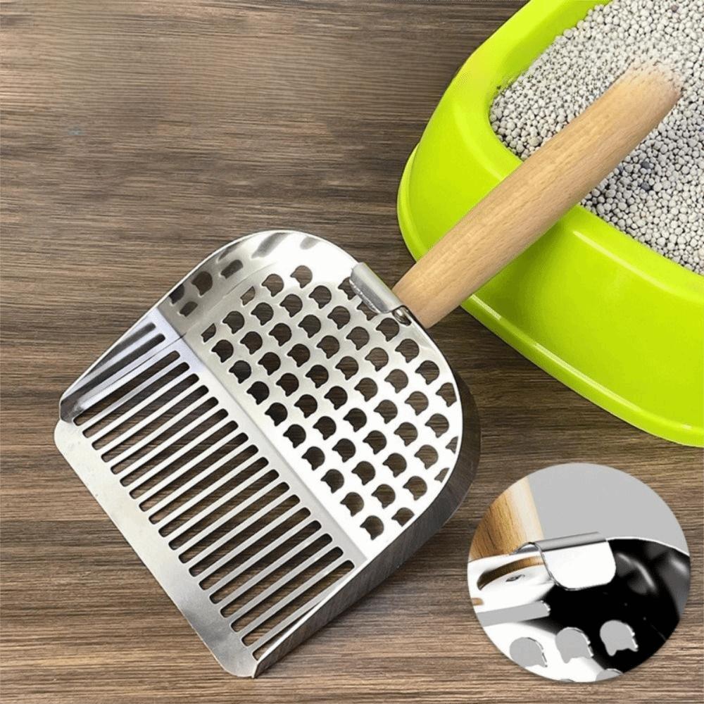 2 in 1 Cat Litter Scoop Stainless Steel Wood Handle Cat Poop Sifting Tool Hollow Out Comfortable Grip Pet Waste Shovel