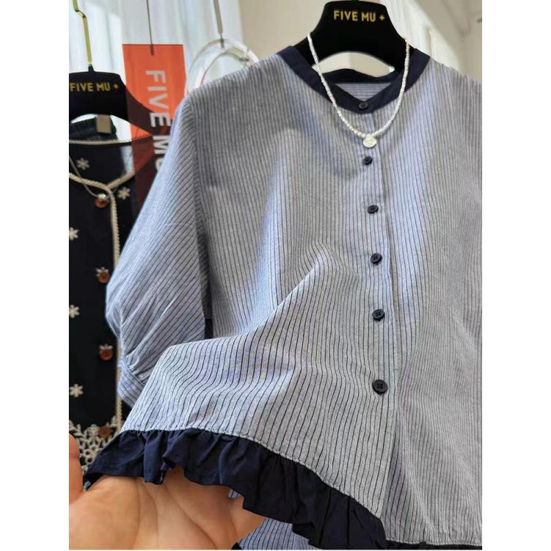 Women Ruffled Color Block Striped Slant Shoulder Short Sleeve Casual Blouse Top