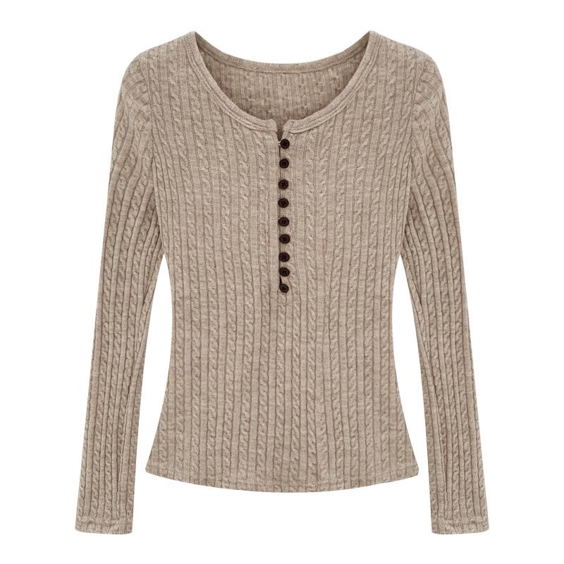 Женский базовый топ с воротником- Henley, косами, стройнящий - Осень/Зима, элегантный, облегающий, с длинным рукавом