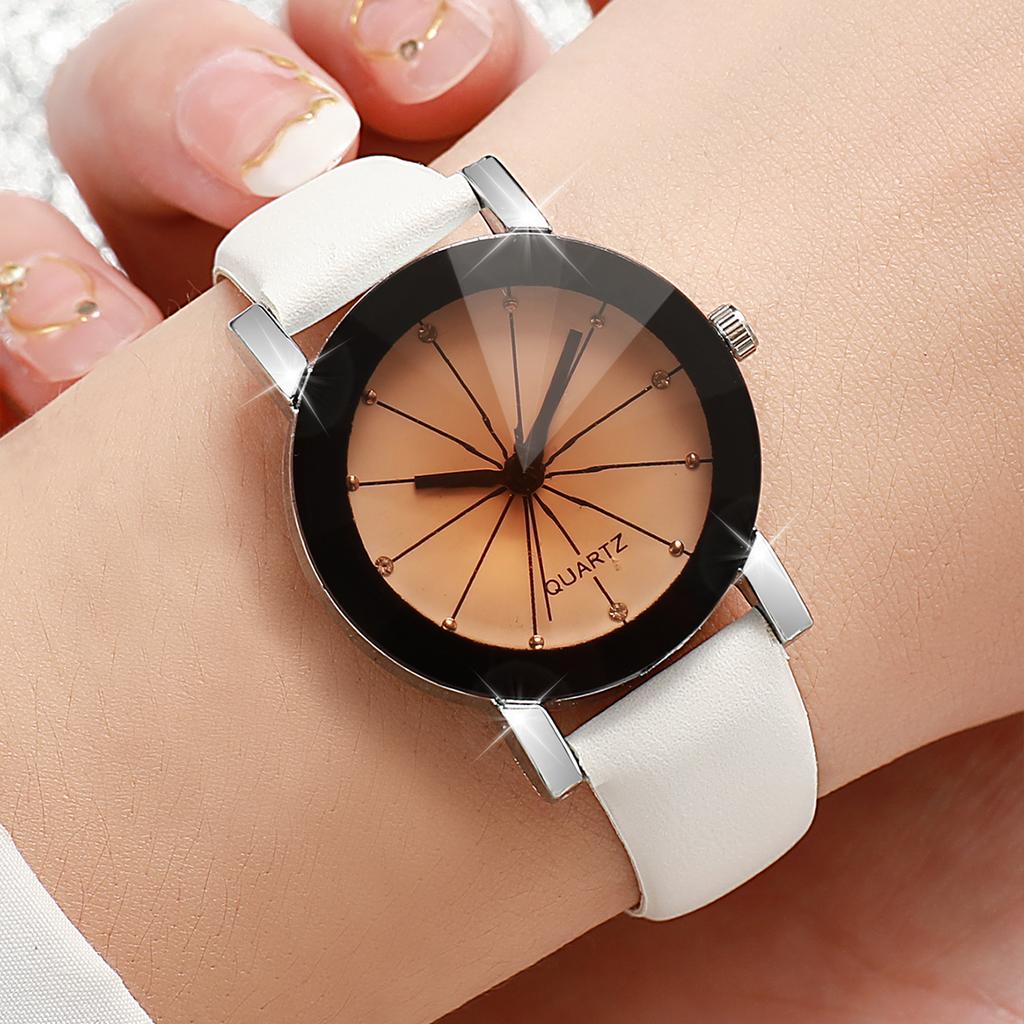 2PCS Fashion Women's Watches Rhinestone Dial Quartz Watch Casual Leather Band Wristwatches