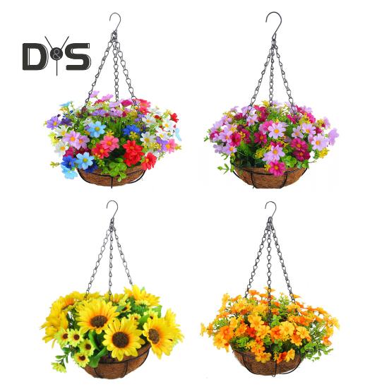 Подвесная корзина для искусственных цветов, искусственные цветы в корзине, устойчивая к ультрафиолетовому излучению, искусственная цветочная корзина с цепями для декора дома, сада, патио
