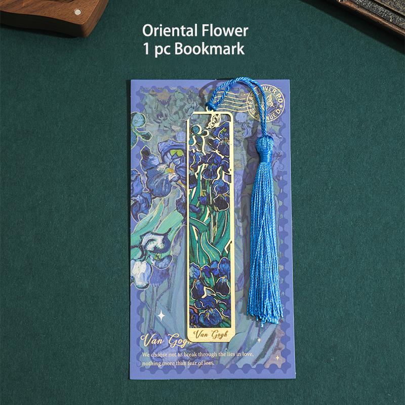 1 Pc Retro Floral Painting Metal Bookmark Hollow Bronzing Bookmark with Tassel Stationery Gifts for Book Club Reader