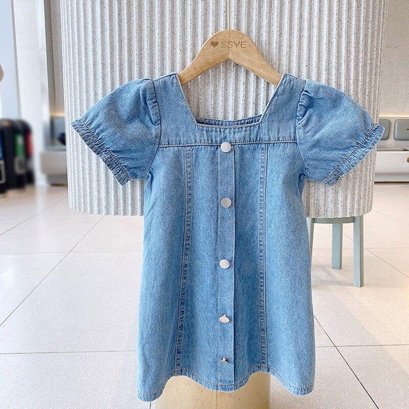 Детское джинсовое платье. Летняя юбка с квадратным вырезом для девочек. Детская юбка.