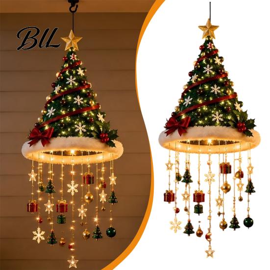 Reusable Holiday Entrance Decor Christmas Tree Hanging Ornament with LED Lights, Lighted Pendant Star Topper, Luminous Party Atmosphere Lights