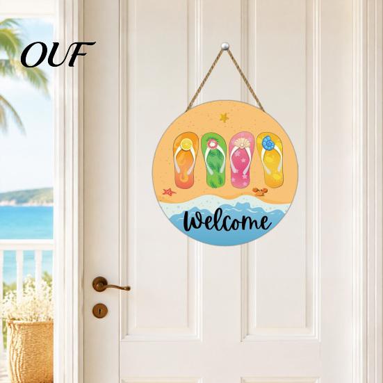 Summer Beach Welcome Sign Hello Door Sign, Ice Pop Flip Flop Hanger, Vacation Wall Art Farmhouse Hanging Wooden Wreath for Front Home Porch