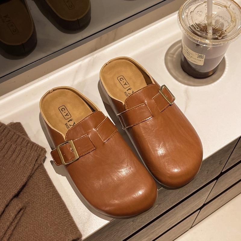 Boken Shoes Half Slippers Female Summer One Foot Lazy Person Single Shoes Toe Leather Cool Slippers