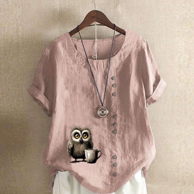 Women's Fashion Owl Prined Short Sleeve T-shirt Loose Cotton Shirt Casual Loose Summer Blouse Plus Size Tops