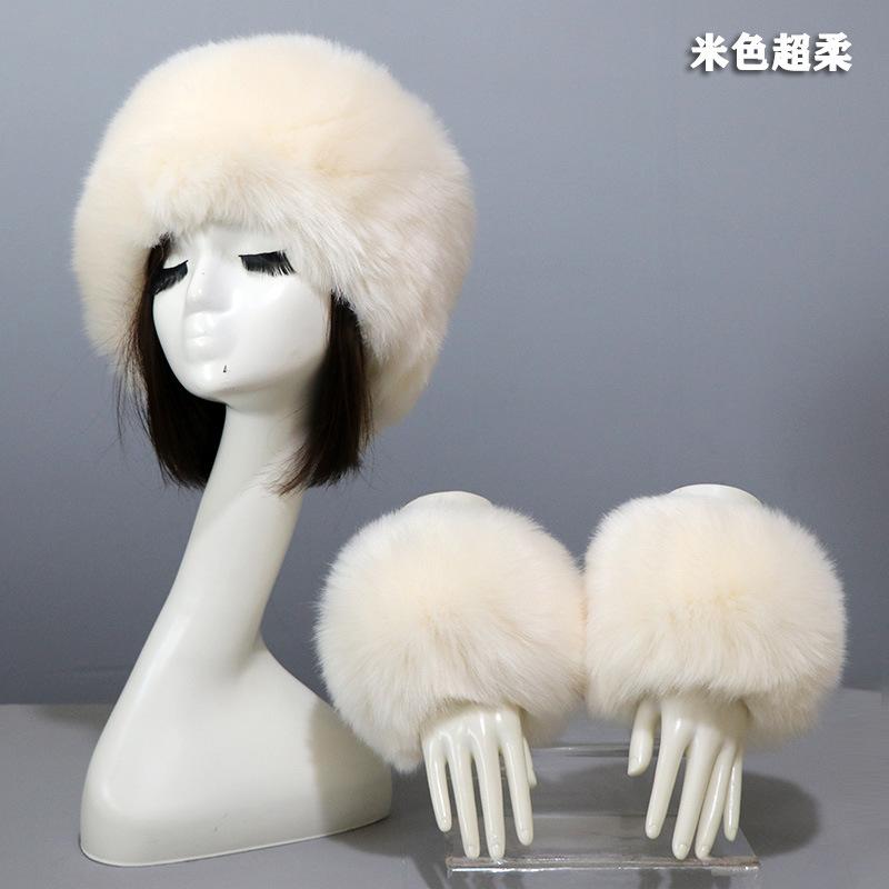 Cuff hat two-piece set, men's and women's imitation fur, fluffy flat top hat, warm cuffs, winter ear protection hat, simple and fashionable
