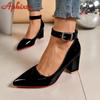 Fashion Aphixta Crystals Buckle Pimp Strap Patent Leather 7cm Chunky Heels Official Pumps 2cm Belt Buckle Pointed Toe Women Shoes